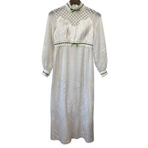 Vintage 70s Maxi Dress Size Small Victorian Revival Lace High Neck Empire Waist